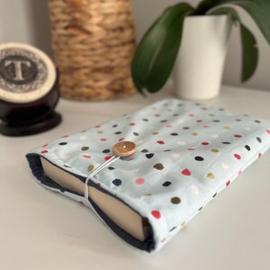 Handmade Book Sleeve, Happy Dots, Fabric Book Sleeve, Book Pouch, Cotton, Wood Button Closure image 1