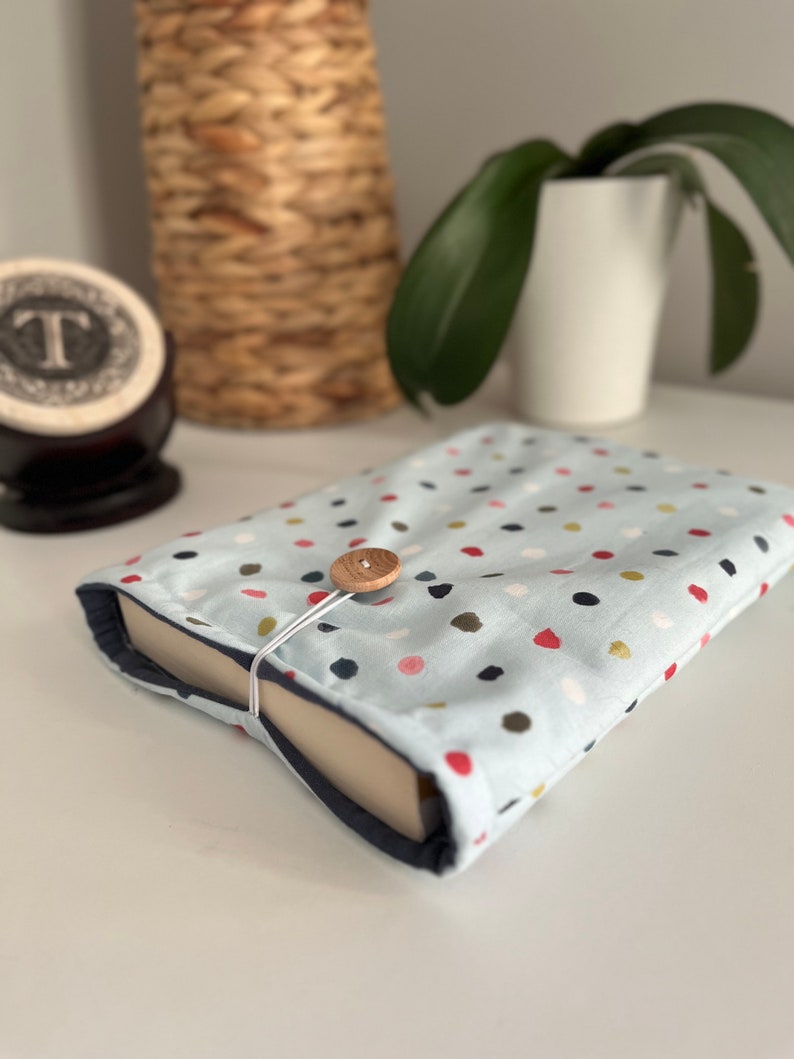 Handmade Book Sleeve, Happy Dots, Fabric Book Sleeve, Book Pouch, Cotton, Wood Button Closure image 1