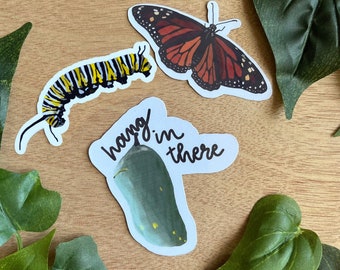May include: Three butterfly-themed stickers on a wooden surface. One sticker depicts a monarch butterfly with orange and black wings. Another shows a caterpillar with yellow and black stripes. The third sticker has a chrysalis and the text "hang in there".