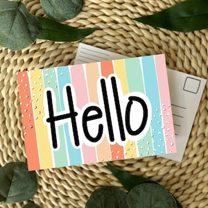 PRINTED Colorful Pastel Stripes Postcards, Teacher Postcards, Theme Postcards, Hello Postcard, Back to School Postcards, School Supplies