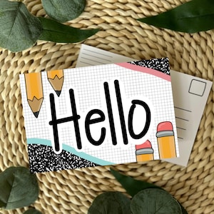 DIGITAL Composition Notebook Postcards, Teacher Postcards, Set of Postcards, Hello Postcard, Back to School Postcards, School Supplies Theme