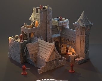 Può includere: Un castello in miniatura dettagliato con un esterno in pietra, un ponte in legno e un tetto di paglia. Il castello è circondato da un muro di pietra e ha un piccolo cancello. Il castello è dipinto in tonalità di grigio e marrone. Il castello fa parte di un set di gioco in miniatura.