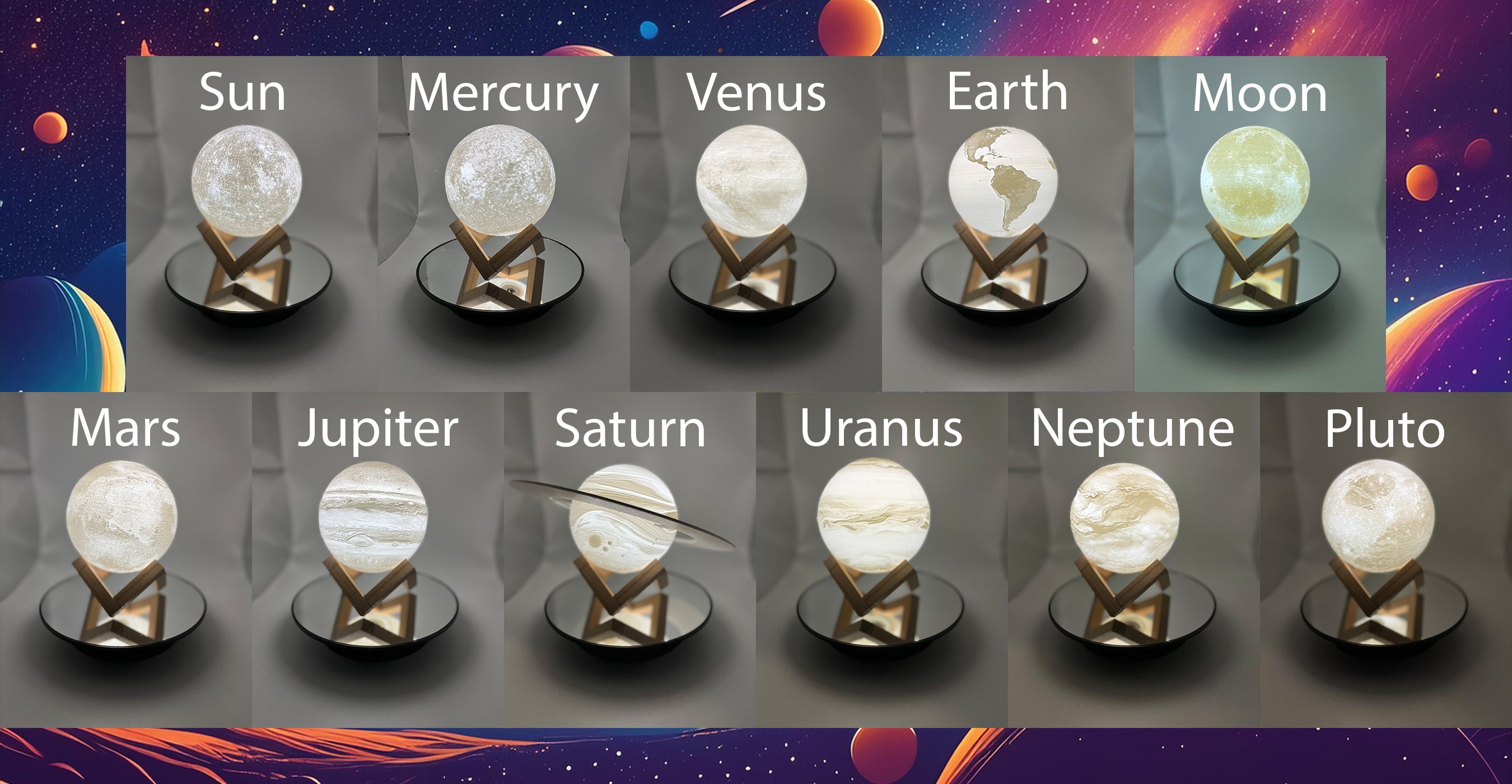 Custom 3D Printed RGB Planet Lamps - 16 Color Changing Night Light - Solar System
