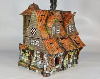 May include: A miniature, hand-painted, multi-level building with a brown wooden frame, orange tiled roof, and stone foundation. The building has multiple windows and a chimney.