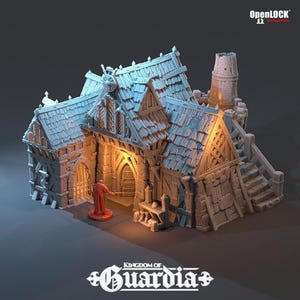 A gray 3D-printed miniature of a two-story blacksmith's lodge with a red-robed figure standing at the front entrance, featuring a tall chimney and a small tower.