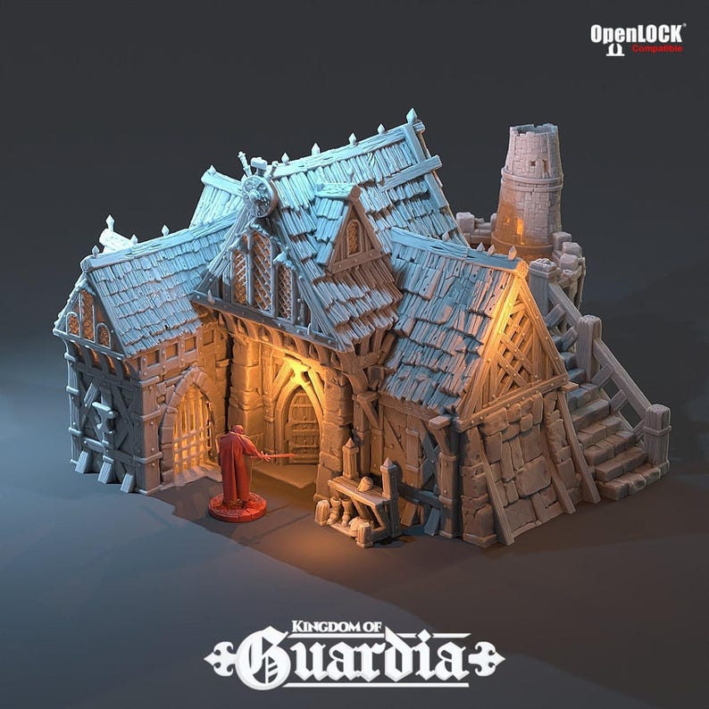 A gray 3D-printed miniature of a two-story blacksmith's lodge with a red-robed figure standing at the front entrance, featuring a tall chimney and a small tower.