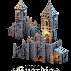 May include: A gray stone castle gatehouse with two towers, a wooden drawbridge, and a sign that reads "Kingdom of Guardia".