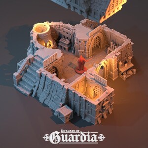 A gray 3D-printed miniature of the ground floor of a blacksmith's lodge, with the upper stories and roof removed, showing interior details like a forge and tools.