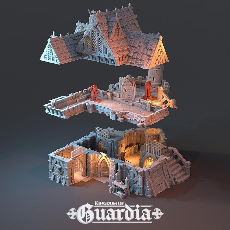 A gray 3D-printed miniature of a blacksmith's lodge disassembled into three separate levels, showing the roof, second story, and ground floor stacked vertically.