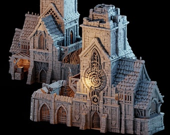 May include: A detailed model of a stone building with a clock tower and a large, ornate clock face. The building has a weathered, aged appearance, with visible stonework and a tiled roof. The model is labelled "Kingdom of Guardia".