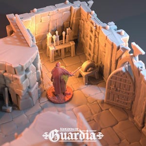 A gray 3D-printed miniature of an interior room of the blacksmith's lodge, showing a red-robed figure next to a grinding wheel and a workbench with tools.