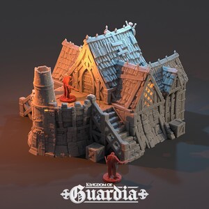 A gray 3D-printed miniature of a two-story blacksmith's lodge from a slightly elevated angle, showing a red-robed figure on the ground level and another on the second story.
