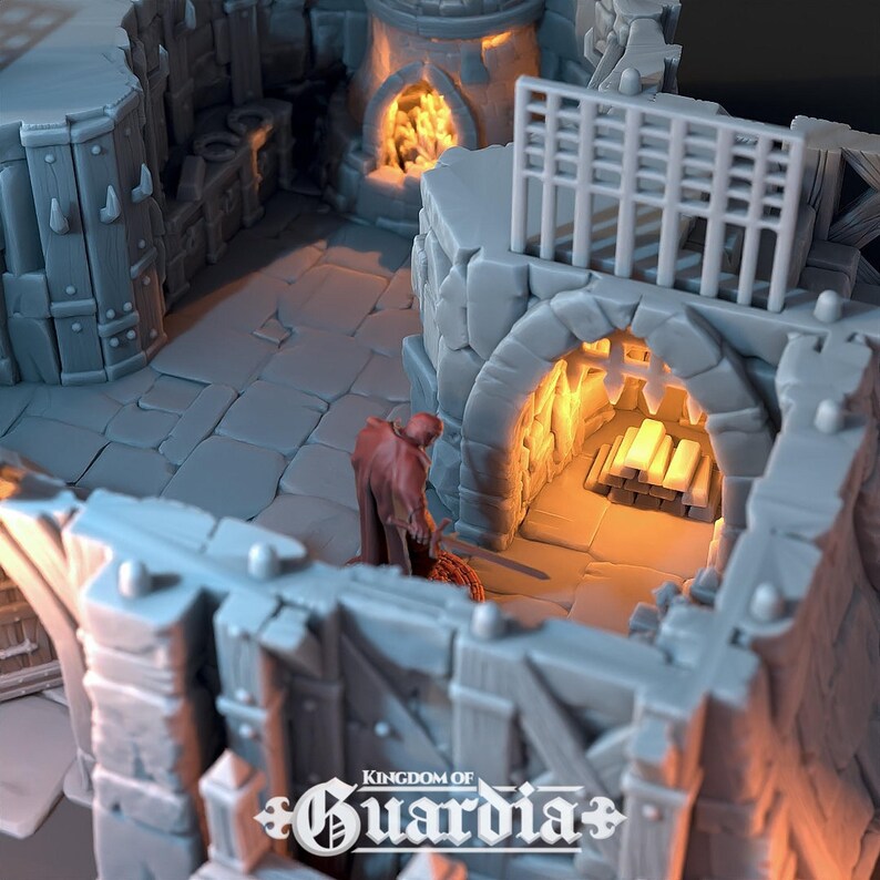 A gray 3D-printed miniature of an interior section of the blacksmith's lodge, showing a red-robed figure near a glowing forge and stacked metal bars.