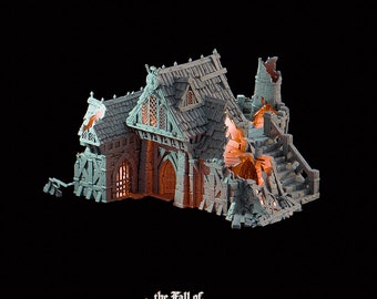 May include: A ruined stone building with a partially collapsed roof and a wooden door. The building is lit from inside with a warm orange glow. The building is a miniature model for tabletop gaming.