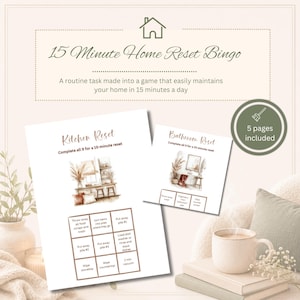 May include: A 15 Minute Home Reset Bingo game printable featuring a Kitchen Reset card and a Bathroom Reset card. The cards include watercolor illustrations of home interiors and a 3x3 grid of tasks. A circular badge indicates 5 pages included.