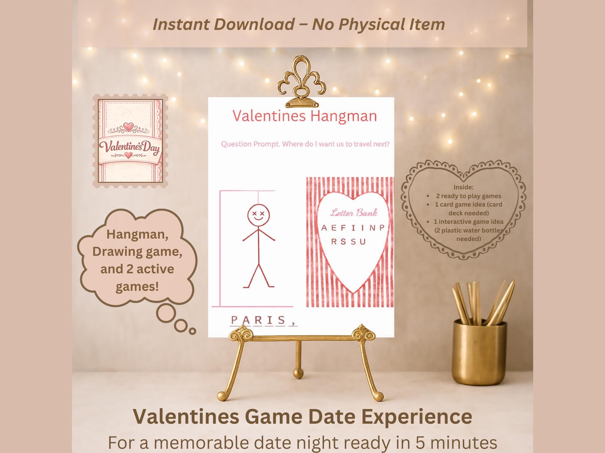 Jeux pour couples Saint-Valentin PDF imprimable | Jeux pour deux pour deux | Pendu, jeu de dessin et morpion