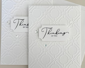 Thinking of You Cards, Embossed Handmade 2 Card Pair, Blank, Textured All White Geometric