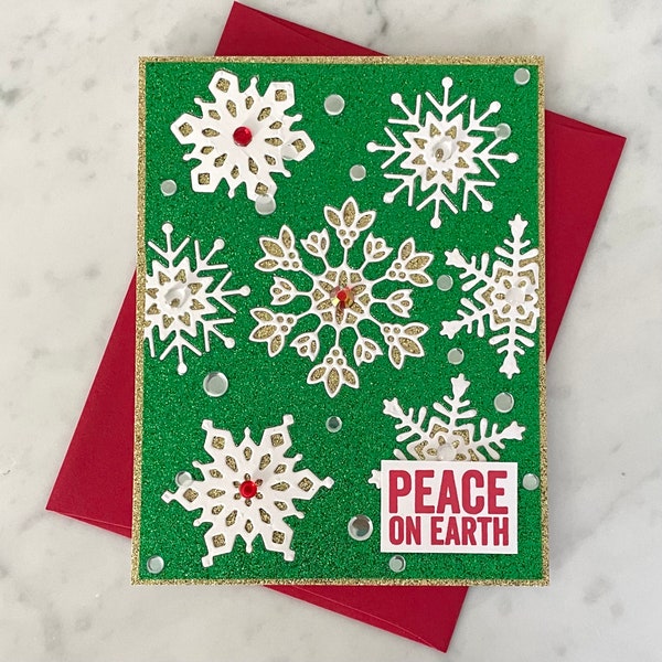 Bejeweled Glitter Christmas Card, Handmade Snowflakes, Holiday Greeting, Peace On Earth, Extra Sparkly Bling, Fancy, Traditional, Luxury, 3D