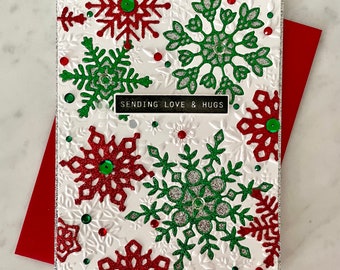 Sparkly Handmade Snowflakes Card, Christmas Greeting, Fancy Holiday, Embossed, Hand Stamped, Deluxe, Glittery Bling, Luxury, Bejeweled, Fine