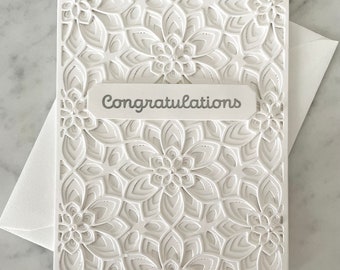 Congratulations Card, Handmade Greeting, Wedding, Fancy All White Design, Elegant, Layered, Lacy, Ornate, 3D, Engagement, Bridal, Monochrome