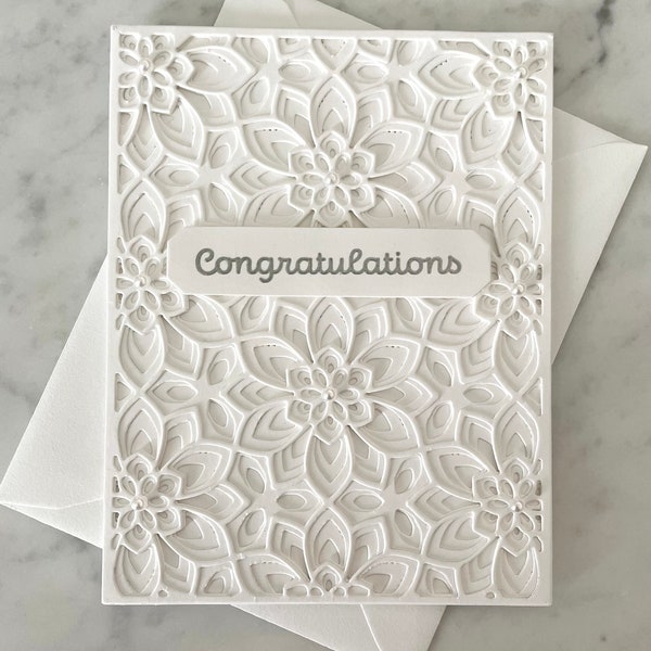 Congratulations Card, Handmade Greeting, Wedding, Fancy All White Design, Elegant, Layered, Lacy, Ornate, 3D, Engagement, Bridal, Monochrome