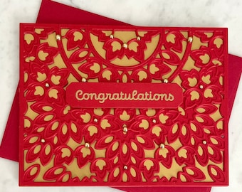 Red Gold Congratulations Card, Handmade Greeting, Traditional Chinese, Asian Wedding, Baby Red Egg, Engagement, Layered, Elegant, Fancy, 3D