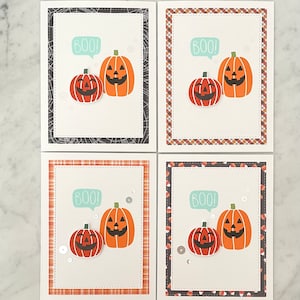 Cute Halloween Cards With Envelopes, Set Of 4 Handmade Jack O&#39; Lantern Greeting, Happy Smiling Pumpkins, Hand Stamped, Charming Sweet Pop Up