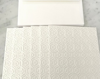 Set Of 6 Warm White 3D Embossed Notecards, Handmade Greeting, Blank Stationery, Detailed Clover Pattern, Textured Cards With Envelopes, Fine