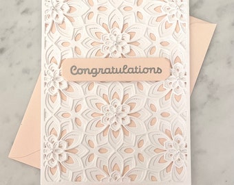 Blush Wedding Congratulations Card, Fancy Peach Handmade Luxury Greeting, White,  Elegant Lacy, Layered, Pearl Embellished, Beautiful Unique
