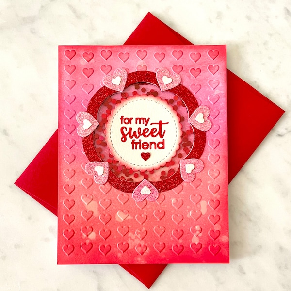 Friendship Card, Handmade Shaker Greeting, For My Sweet Friend, Embossed Hearts, Sparkling Red Confetti, Glittery Textured, Ombre, Unique 3D