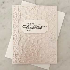 Fancy Celebration Card, Handmade Ivory Wedding Greeting, Blank, Elegant Special Occasion, Pretty Pearlescent Blush, Upscale Luxury, Ornate