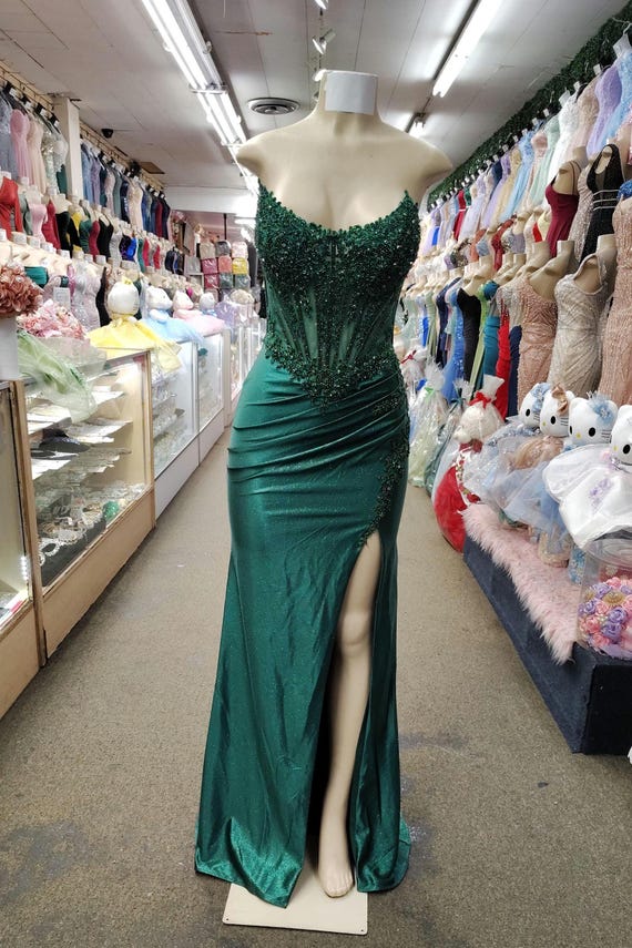 Fitted Strapless Beaded Satin Gown: Corset, Leg Slit - Etsy Fitted Strapless Beaded Satin Gown: Corset, Leg Slit - Etsy