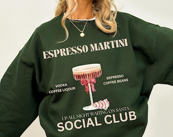 Sweat-shirt Martini Boujee, Père Noël avec col rond Martini expresso Sweat-shirt de Noël drôle, pull à boire pour les vacances rétro, gâteaux de sapin de Noël