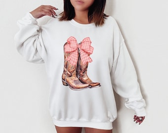 Coquette Cowgirl Crewneck, Western Pink Cowgirl Boots Shirt, Cowgirl Boots Sweatshirt, Cowgirl Valentines, Pink Bow Shirt, Coquette Clothes