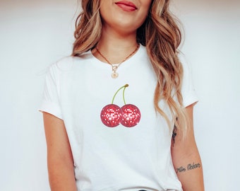 Cherries Coquette Tee, Disco Ball tee, Cherries with Bows Graphic Tee, Mirror Ball tee, Y2k Trendy T-Shirt, Coquette Aesthetic Clothes