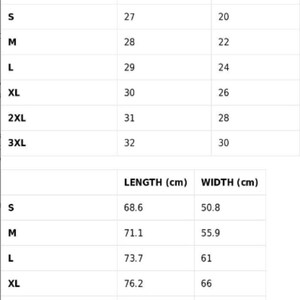 May include: A size guide chart with measurements for clothing. The chart includes length and width in inches, ranging from 27 inches to 32 inches in length and 20 inches to 30 inches in width. Also includes measurements in centimeters.