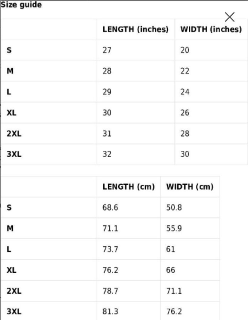 May include: A size guide chart with measurements for clothing. The chart includes length and width in inches, ranging from 27 inches to 32 inches in length and 20 inches to 30 inches in width. Also includes measurements in centimeters.