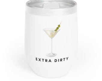 May include: White stainless steel tumbler with a martini glass and olives graphic and the text "EXTRA DIRTY".
