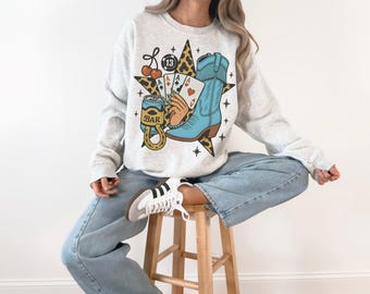 Vintage Western Sweatshirt Oversized Trendy Cowboy Boot Graphic Crewneck 90s Grunge Western Crewneck Preppy Clothes Y2K Aesthetic Nashville