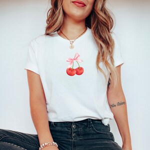 Cherry with a Bow Coquette Tee, Cherries with Bow Graphic Tee, Cherries Graphic Baby Tee, Coquette Clothing, Vintage Inspired Trendy Y2K Tee