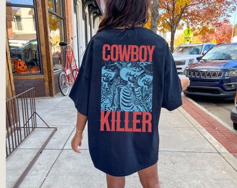 Comfort Colors Cowboy Killer Tee, Western Graphic Oversized Country Concert Shirt Western T-shirt Dress Skeleton Cowboy Tee Cute Western Top