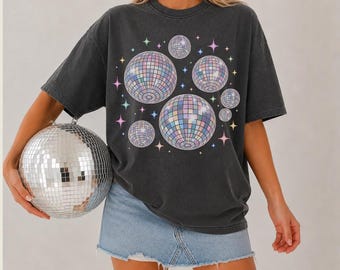 Camiseta Comfort Colors Disco Ball Oversized Mirrorball Tshirt, Camiseta estilo concierto de los 90, Camiseta moderna y linda con estampado gráfico para mujer, Regalo para novia