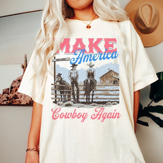 Make America Cowboy Again Comfort Colors 4th Of July Western Rodeo Shirt Patriotic Western Graphic Tshirt Dress, July 4th Cowboy Crewneck