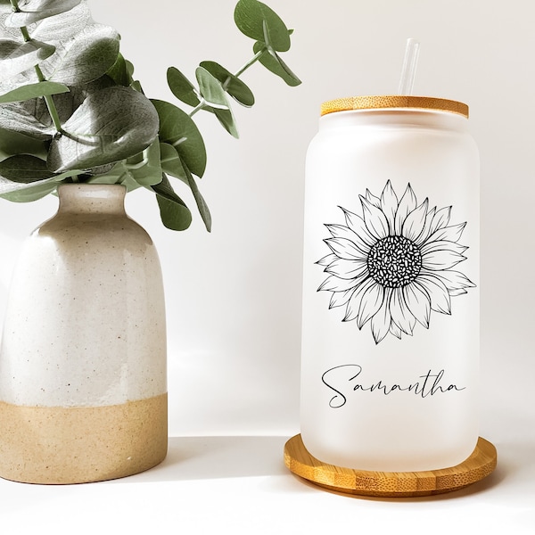 Sunflower Beer Can Glass, 16oz Personalized Can Glass, Sunflower Tumbler with Straw, Custom Gifts, Iced Coffee Glass Cup, Bridesmaids Gift