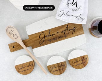 Marble Wood Cutting Board and Coasters Set, Personalized Wedding/Engagement Gift, Housewarming Gift, Realtor Closing Gift,Bridal Shower Gift