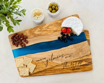 Engraved Cheese Board, Custom Cutting Board, Olive Wood and Resin Charcuterie Board, Serving Tray, Personalized Wedding Engagement Gift