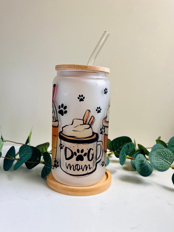 Dog Mom Glass Tumbler with Bamboo Lid & Straw