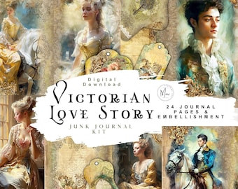 Victorian Love Story,Junk Journal Kit,Ephemera,Fairytale,Victorian Ladies,Shabby Chic,Vintage books sheet,Printable journal,Digital Download