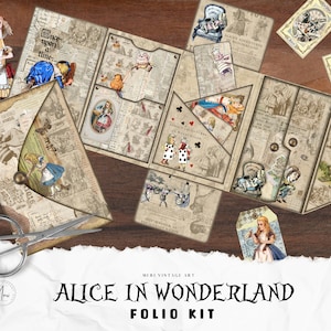 Alice au pays des merveilles, kit d'artisanat folio grunge, kit de création artistique Alice au pays des merveilles, vintage, papier numérique, kit folio d'artisanat, JUNK JOURNAL, shabby chic