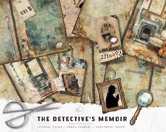 The Detective&#39;s Memoir,Grunge Mystery Junk Journal Kit, Detective Crafting kit,sherlock Holmes,Digital Paper,Evidence Bag,case File,Ephemera